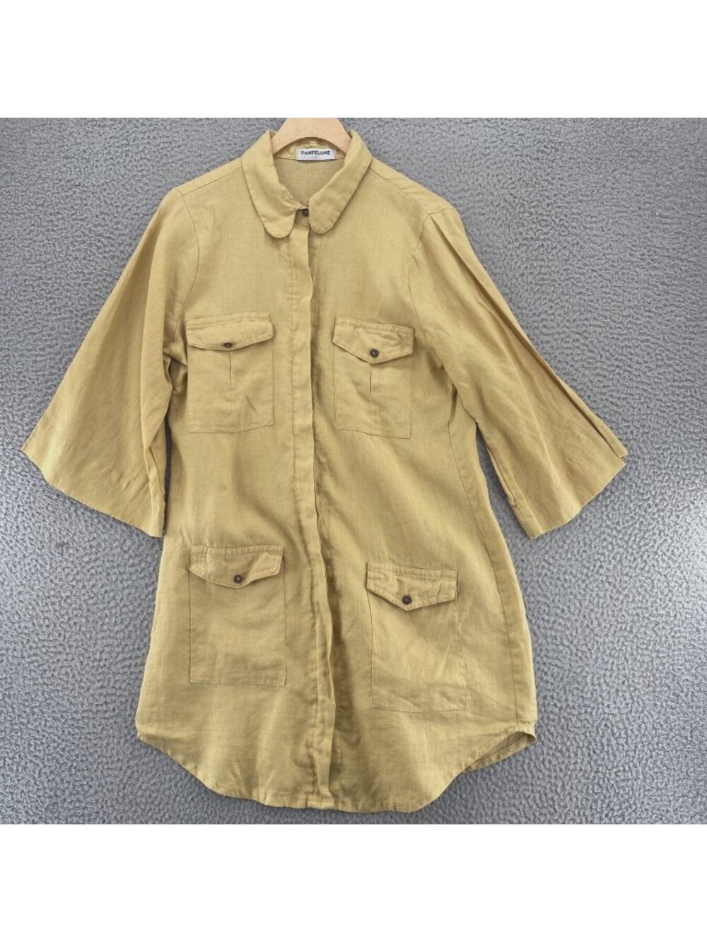 Pampelone Dress Womens Large Khaki Shirt Linen Tunic 3/4 Sleeve Button Up Mini